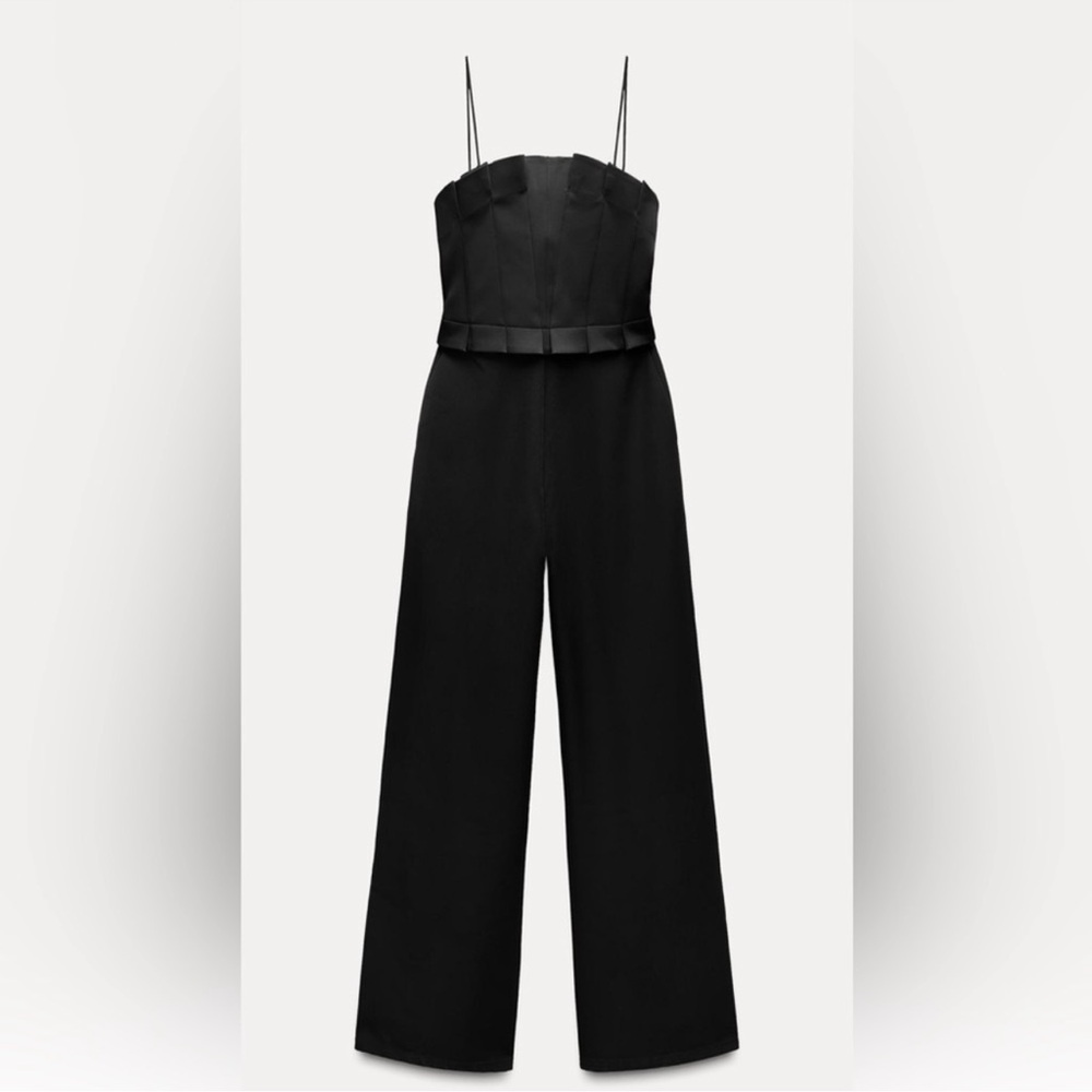 ZARA WIDE-LEG CREPE JUMPSUIT BLACK SIZE M NWOT - Picture 1 of 13